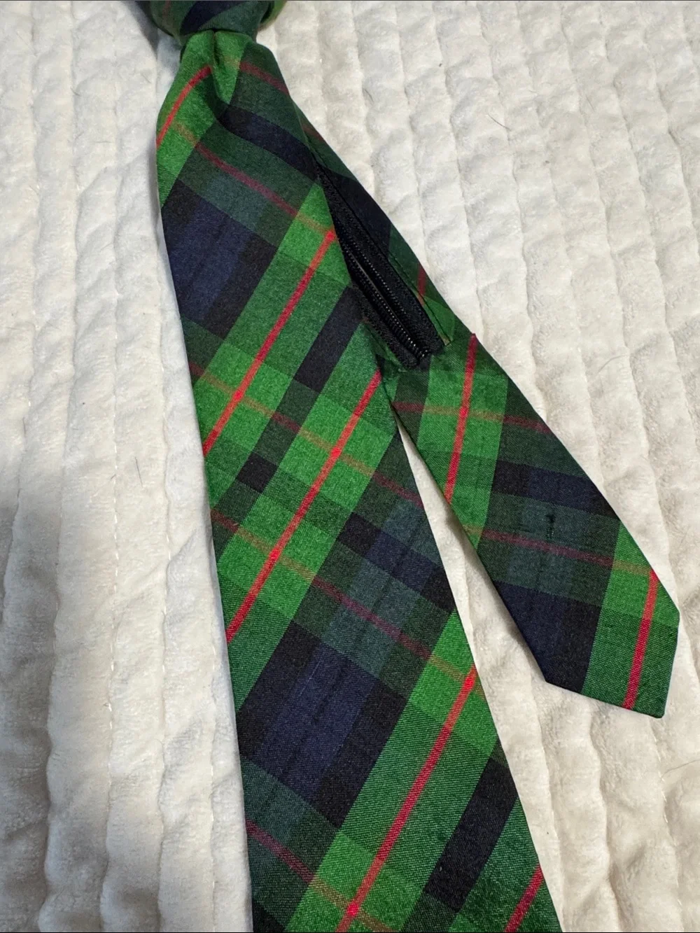 Hartstrings Green and Navy Plaid Kids Silk zip Tie with Red Accents